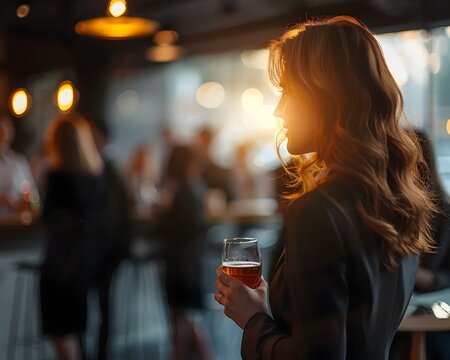 Elegant Businesswoman Enjoying a Drink at a Networking Event