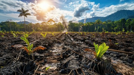 Obraz premium A forest with a tree in the middle and smoke in the background. Scene is somber and ominous