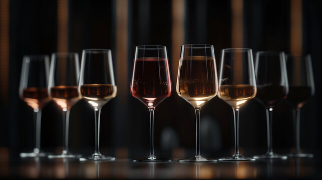 A row of different types of wine glasses filled with various wines.