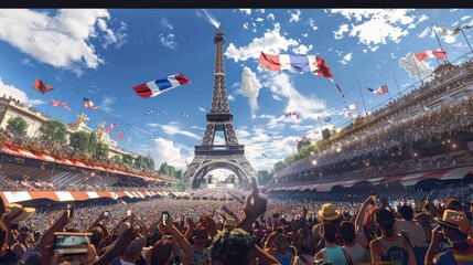 Crowd of supporters at a sports event at the Eiffel tower in Paris France, illustration for Olympic games in summer 2024 imagined by AI generative - not the actual event