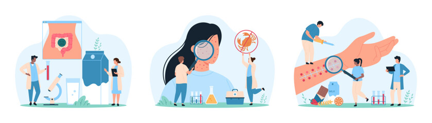 Diagnostics and symptoms of food allergy set. Tiny people check allergic reaction on big human hand skin of patient, examine patients skin rash through magnifying glass cartoon vector illustration