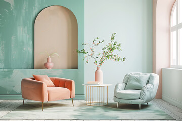 Elegant home decor with sofa and armchair in pastel colors, modern living room interior