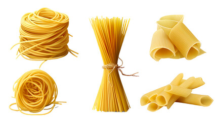  Set of yellow spaghetti and pasta isolated on transparent background