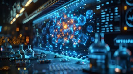 A low angle dolly shot of a futuristic laboratory with a holographic display showing a complex network of interconnected nodes.