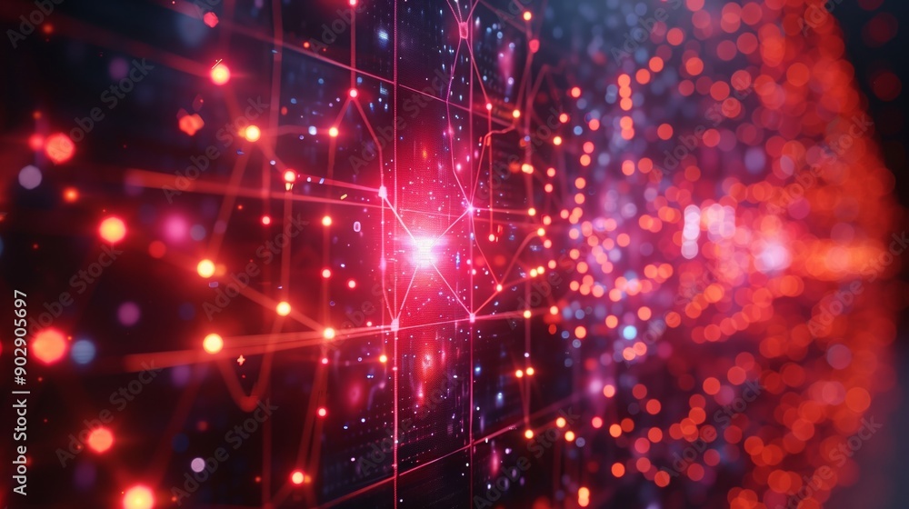 Poster red lights glow and pulse in a network of connected lines, creating a dynamic visual effect.