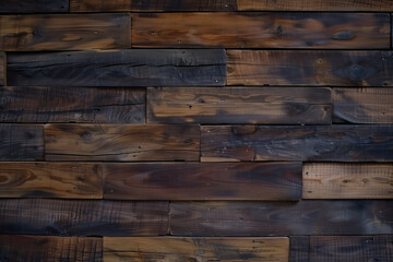  a close-up of a wooden wall made of various dark brown, textured wooden planks arranged in a horizontal pattern