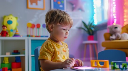 Fototapeta premium A young child focused on a touchscreen tablet surrounded by toys and bright decorations in a playful setting.