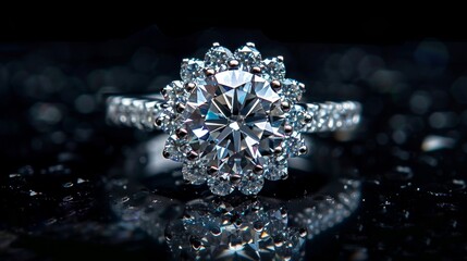 Diamond engagement ring on black background.