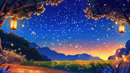 Naklejka premium Enchanted evening landscape with glowing lanterns, fireflies, and starry sky, showcasing a serene twilight atmosphere and lush greenery
