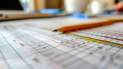 A desk with two laptops and a calendar. The desk is cluttered with pens, pencils, and other office supplies. Scene is busy and focused