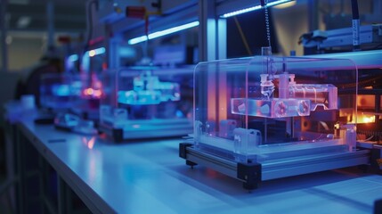 Naklejka premium Futuristic 3D Printing Lab with Transparent Printers and Glowing Models | Promoting Additive Manufacturing Technology for Prototyping and Innovation.
