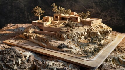 Generate a photo realistic image of a maquette depicting the preservation of a historical site, landmark, or ancient ruins; ensure the image is of high resolution for clear and detailed quality,