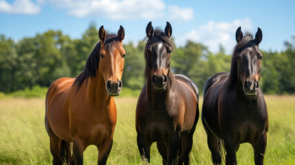 Three horses standing together in a grassy field.