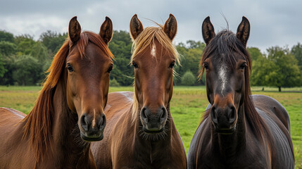 Fototapeta premium Three horses standing together in a grassy field.