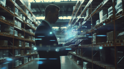 A person using a tablet in a modern warehouse with digital mail icons.