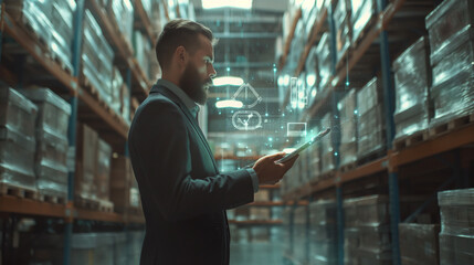A person using a tablet in a modern warehouse with digital mail icons.