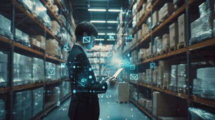 A person using a tablet in a modern warehouse with digital mail icons.