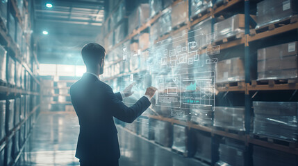 A person using a tablet in a modern warehouse with digital mail icons.
