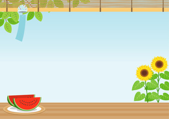 夏をイメージした風鈴とひまわりとスイカの背景_横
