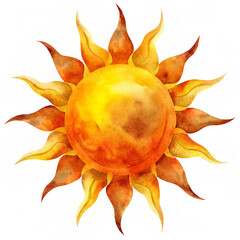 Vibrant watercolor sun illustration with warm, radiant colors. Perfect for summer-themed decor, educational materials, greeting cards, and wall art
