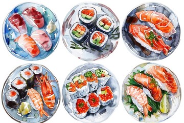 Fototapeta premium Japanese Sushi Delicacies. Watercolor Hand-drawn Set of Traditional Sashimi Plates