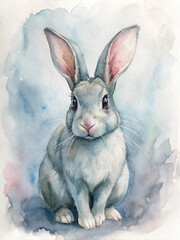Watercolor rabbit illustration with soft pastel hues and delicate brushstrokes. Perfect for greeting cards, nursery decor, and wall art