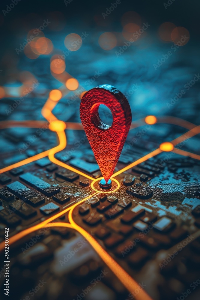 Poster a red dot is placed on a map of a city. the dot is glowing and he is a gps location. concept of tech