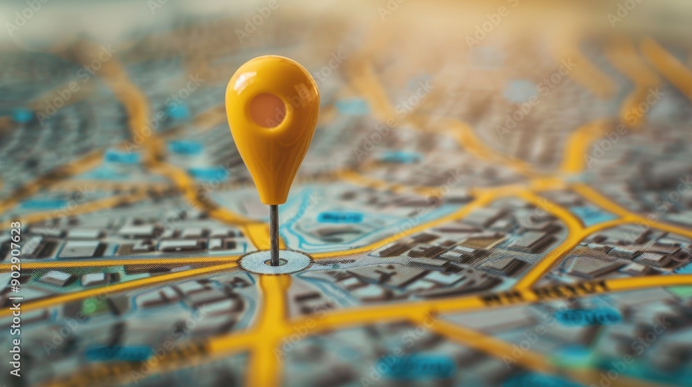 Poster a red dot is placed on a map of a city. the dot is glowing and he is a gps location. concept of tech