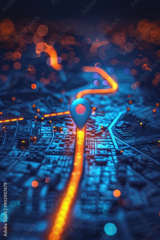 Poster a red dot is placed on a map of a city. the dot is glowing and he is a gps location. concept of tech