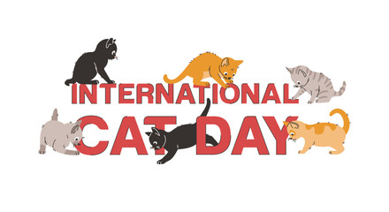 International Cat Day banner. Funny kittens playing near letters. Inscription, text. Vector doodle linear illustration