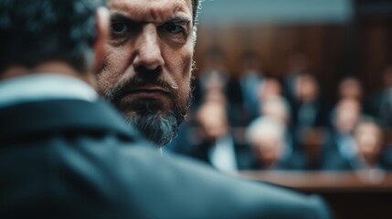A serious-looking man with a beard stares intently forward in a courtroom setting where other people are blurred in the background, creating a tense atmosphere.