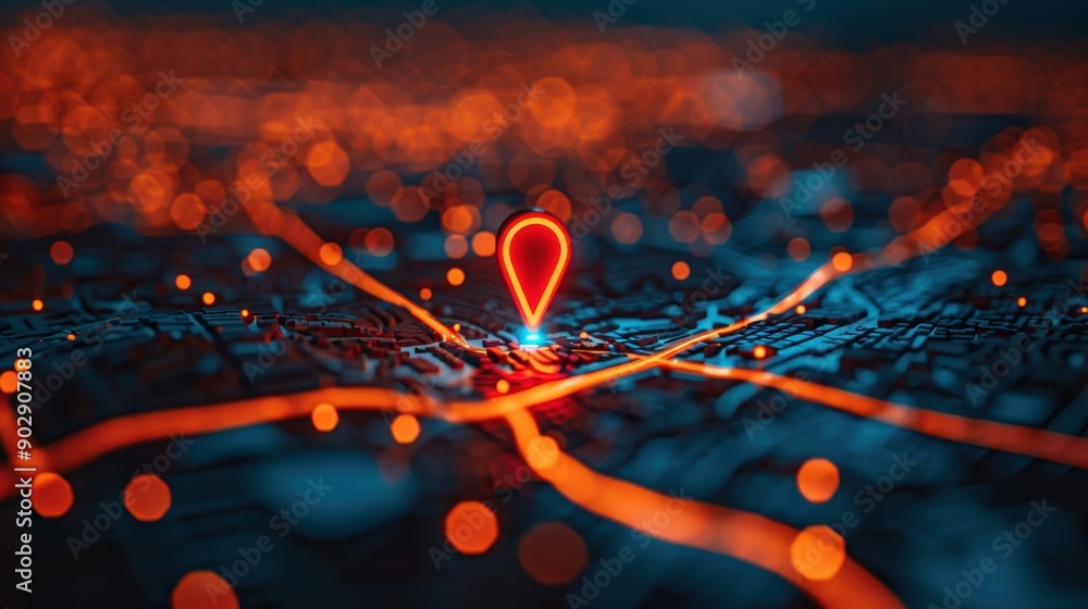 Poster a red dot is placed on a map of a city. the dot is glowing and he is a gps location. concept of tech
