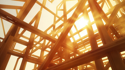 Obraz premium Low-angle view of a building construction site with steel frames and sunlight.