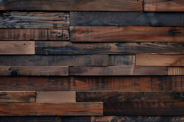  a close-up of a wooden wall made of various dark brown, textured wooden planks arranged in a horizontal pattern