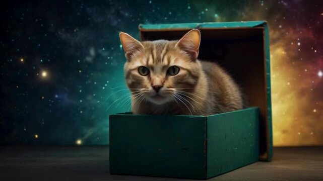 Schr&ouml;dinger's Cat in a Cardboard Box with a Galaxy Background, quantum superposition