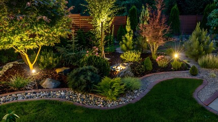 Obraz premium Landscaped garden evening idea spot lighting of different trees bushes and shrubs at the backyard of living house