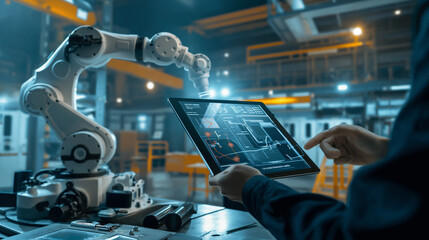 Engineer using a tablet to control a robotic arm in a factory.