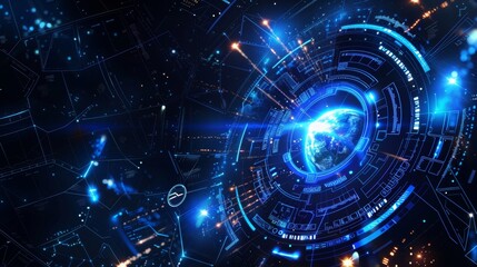Obraz premium Futuristic tech background with black and blue hues. Abstract vector depicting sunrise, satellites, and rockets orbiting Earth. Plasma energy clot with glowing rays and flickering particles. Science a