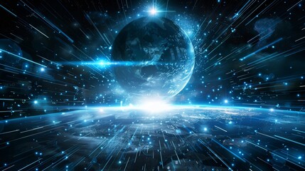 Obraz premium Futuristic tech background with black and blue hues. Abstract vector depicting sunrise, satellites, and rockets orbiting Earth. Plasma energy clot with glowing rays and flickering particles. Science a