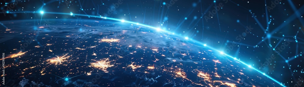 Poster a blue planet with a network of lines surrounding it. the planet is surrounded by a starry sky
