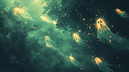 Fototapeta premium Glowing Ghosts in a Spooky Forest.