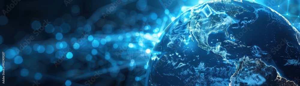 Poster a blue planet with a network of lines surrounding it. the planet is surrounded by a starry sky