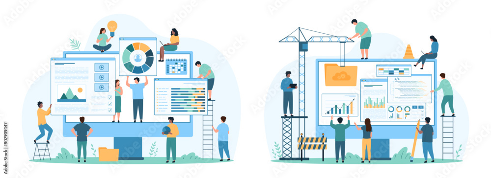 Poster online website development set. tiny people build new site with help of construction crane, software