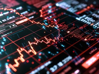 Obraz premium Business downfall, holographic price drop, futuristic economic collapse, neon tech background