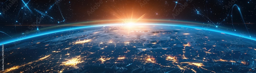 Poster a blue planet with a network of lines surrounding it. the planet is surrounded by a starry sky