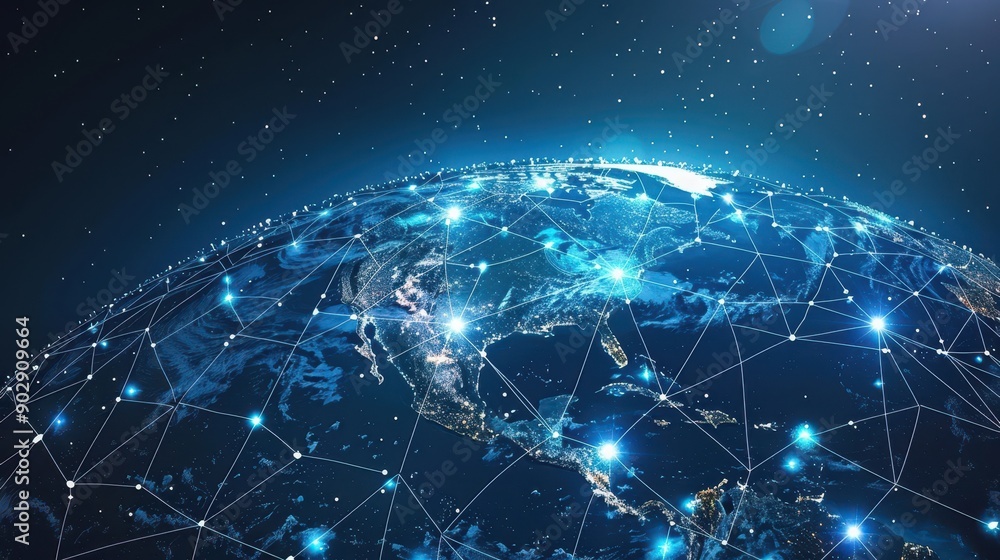 Sticker a blue planet with a network of lines surrounding it. the planet is surrounded by a starry sky