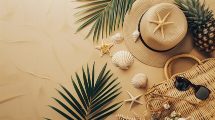 Dive into summer bliss with a top-down shot of a straw hat, pineapple, sunglasses, woven bag, and seashells on a beige background.