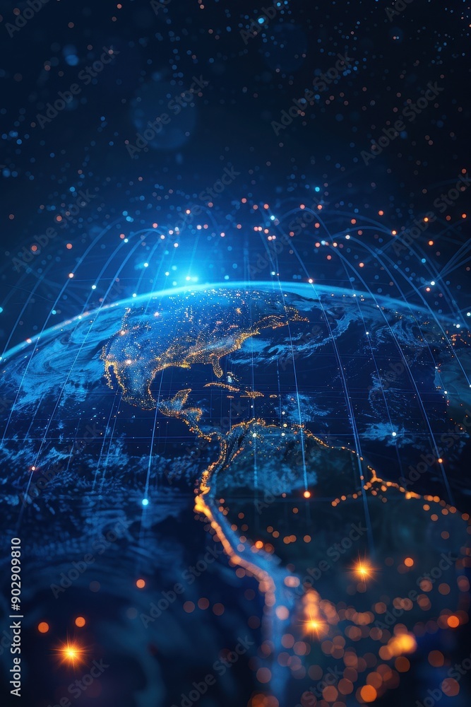 Poster a blue planet with a network of lines surrounding it. the planet is surrounded by a starry sky