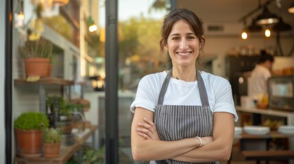 Obraz premium Smiling Female Cafe Owner Standing with Crossed Arms in Front of Her Cozy Coffee Shop