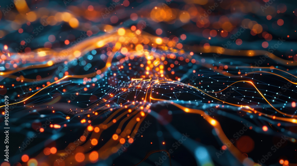 Poster abstract digital landscape with flowing lines and luminous particles representing data connectivity 